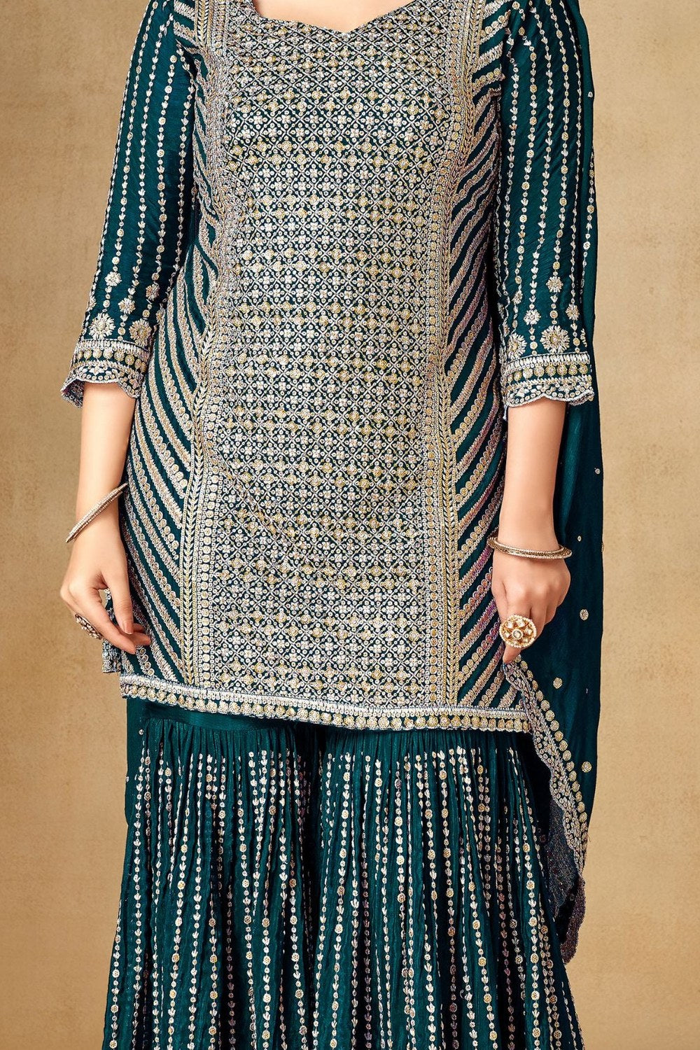 Teal Chinon Silk Gharara Dress for Engagement - Sequence Embroidery Work, Zari Work - detail view