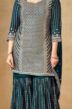 Teal Chinon Silk Gharara Dress for Engagement - Sequence Embroidery Work, Zari Work - detail view
