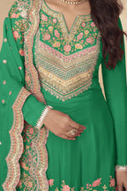 Green Palazo for Sangeet with Thread and Sequins Embroidery Chinon Silk Suit - hem and footwear detail