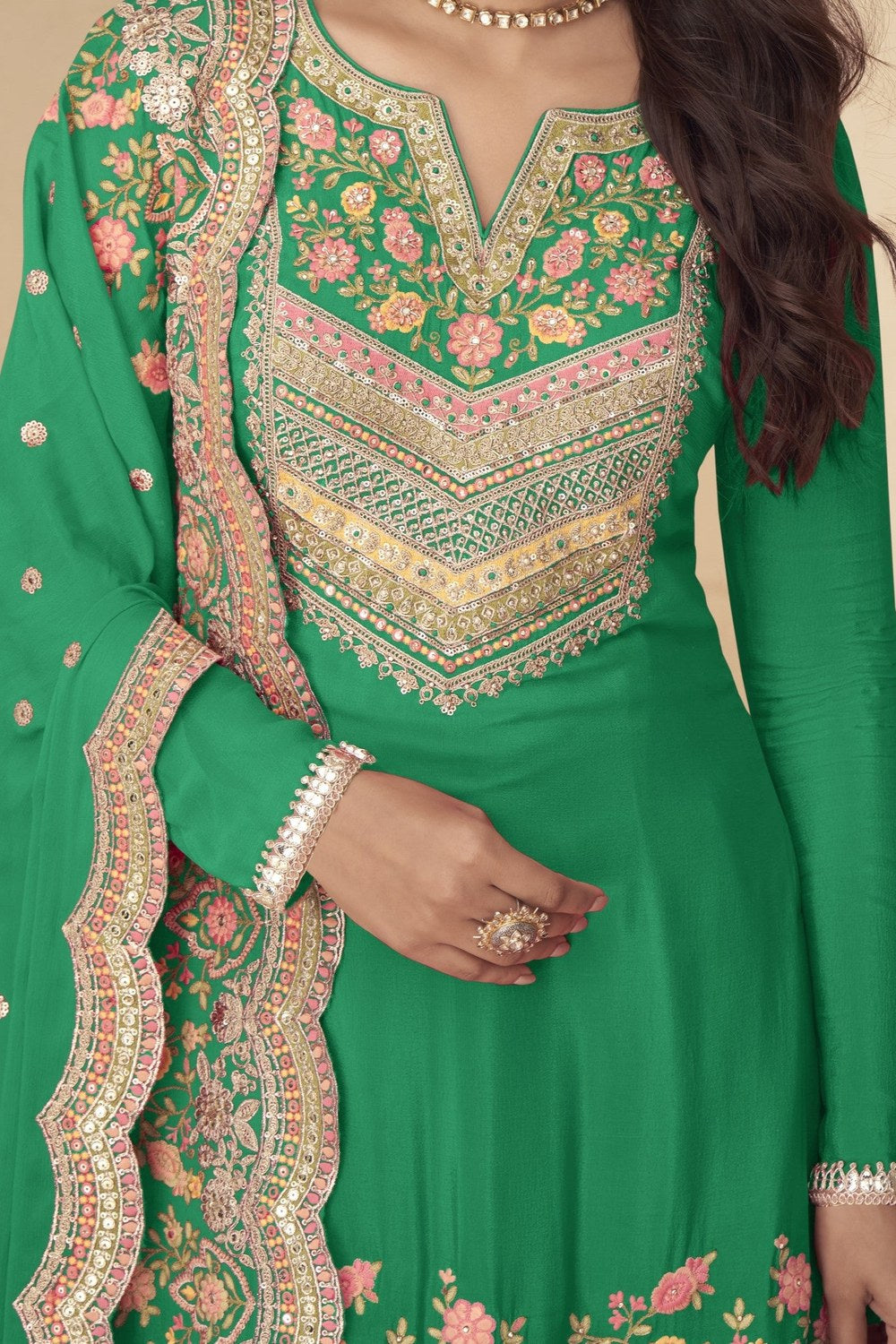 Green Palazo for Sangeet with Thread and Sequins Embroidery Chinon Silk Suit - hem and footwear detail