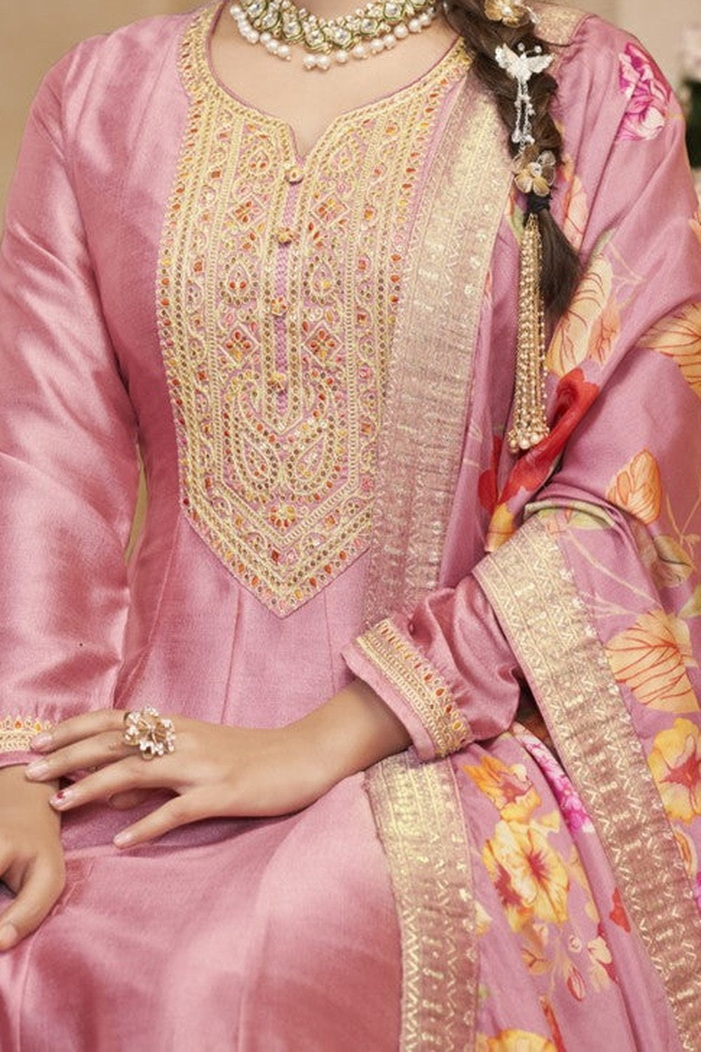 Pink Chinon Silk Long Kameez Pant Suit For Indian Festivals & Weddings - Embroidery Work, Print Work - hem and footwear detail