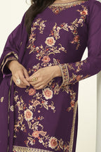 Maroon Chinon Silk Palazzo Suit For Indian & Pakistani Wedding Festival - Thread Embroidery Work - hem and footwear detail