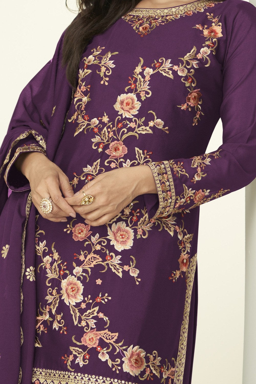 Maroon Chinon Silk Palazzo Suit For Indian & Pakistani Wedding Festival - Thread Embroidery Work - hem and footwear detail