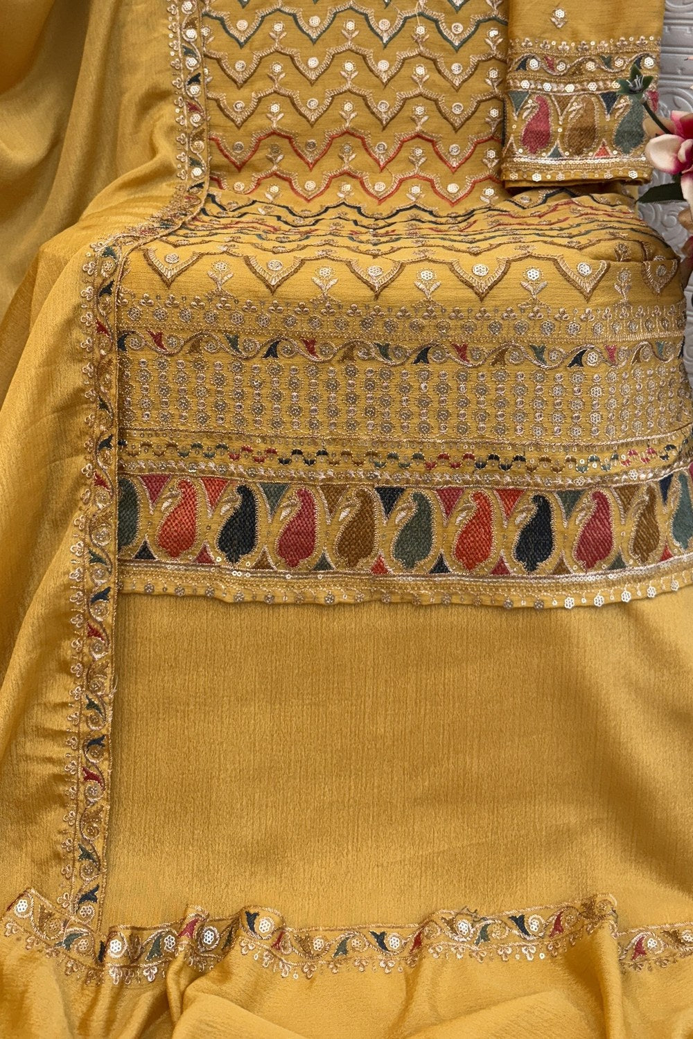 Yellow Chinon Silk Kameez With Palazzo Suit For Indian & Pakistani Wedding Festival - Thread & Sequence Embroidery - hem and footwear detail