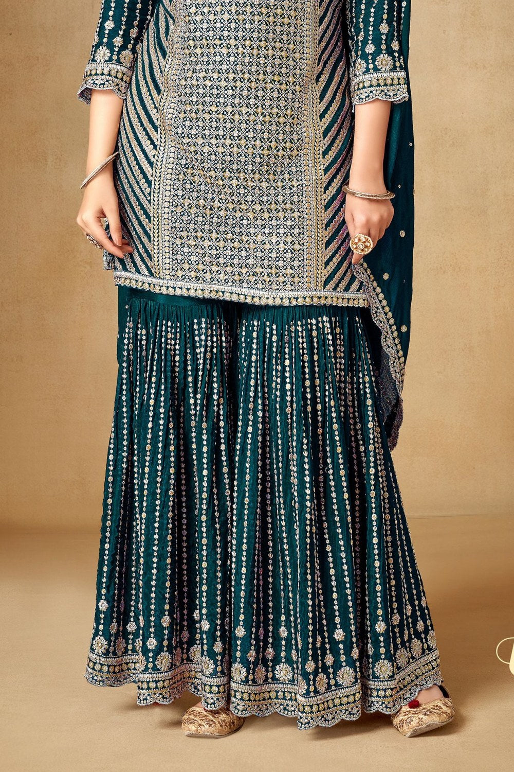 Teal Chinon Silk Gharara Dress for Engagement - Sequence Embroidery Work, Zari Work - hem and footwear detail