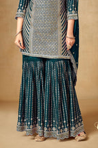 Teal Chinon Silk Gharara Dress for Engagement - Sequence Embroidery Work, Zari Work - hem and footwear detail