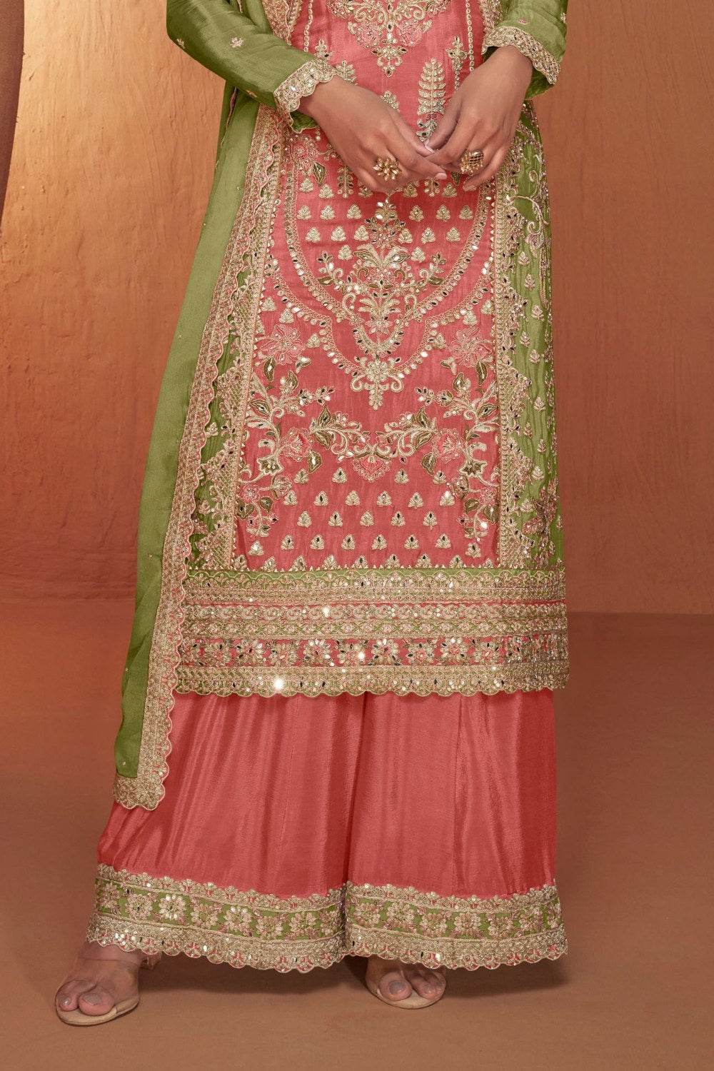 Pink Chinon Traditional Plazo Suits For Pakistani Festivals & Indian Wedding - Embroidery Work - hem and footwear detail