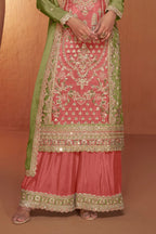 Pink Chinon Traditional Plazo Suits For Pakistani Festivals & Indian Wedding - Embroidery Work - hem and footwear detail
