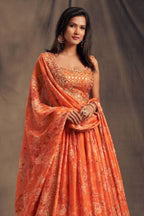 Orange Organza Floral Lehenga Choli For Indian Festival & Weddings - Embroidery Work, Print Work - close-up view