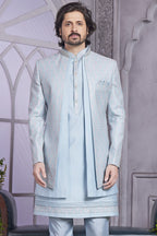 Light Blue Art  Silk Indo Western Traditional Sherwani Kurta with Jacket & Pant for Men for Wedding - Embroidery Work - close-up view