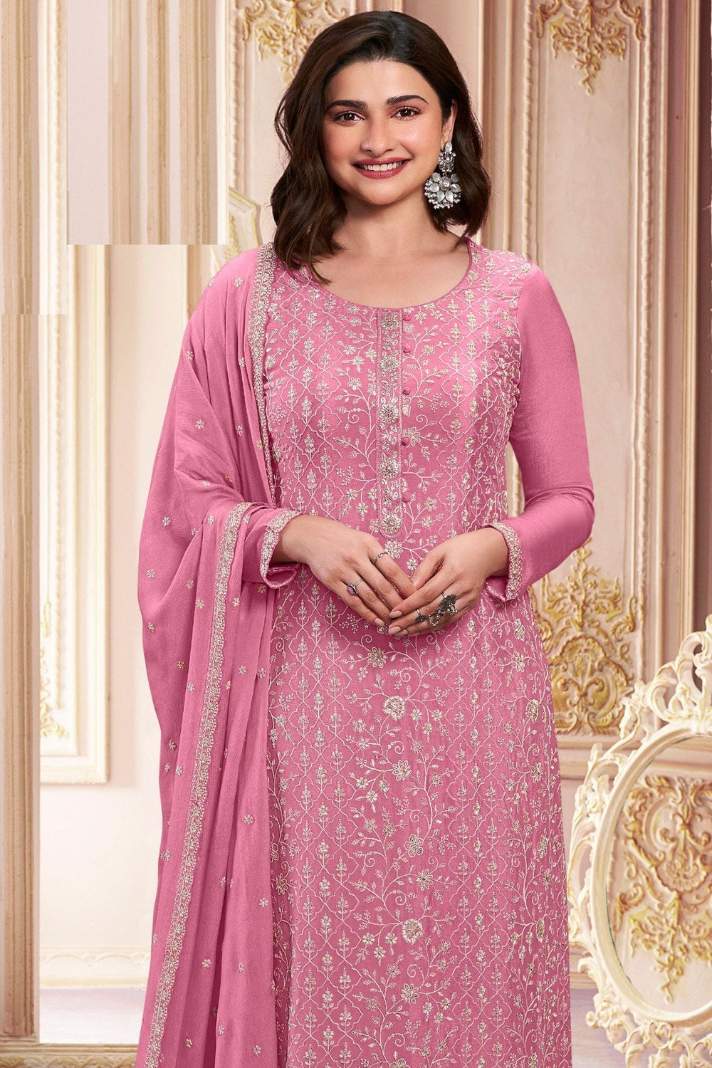 Baby Pink Chinon Silk Ladies Pink Pant Suits with Dupatta for Sangeet - Embroidery Work - close-up view