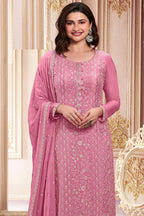 Baby Pink Chinon Silk Ladies Pink Pant Suits with Dupatta for Sangeet - Embroidery Work - close-up view
