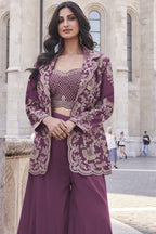 Light Maroon Chinon Silk Plazo Suit For Indian Weddings & Pakitani Festival - Embroidery Work - close-up view