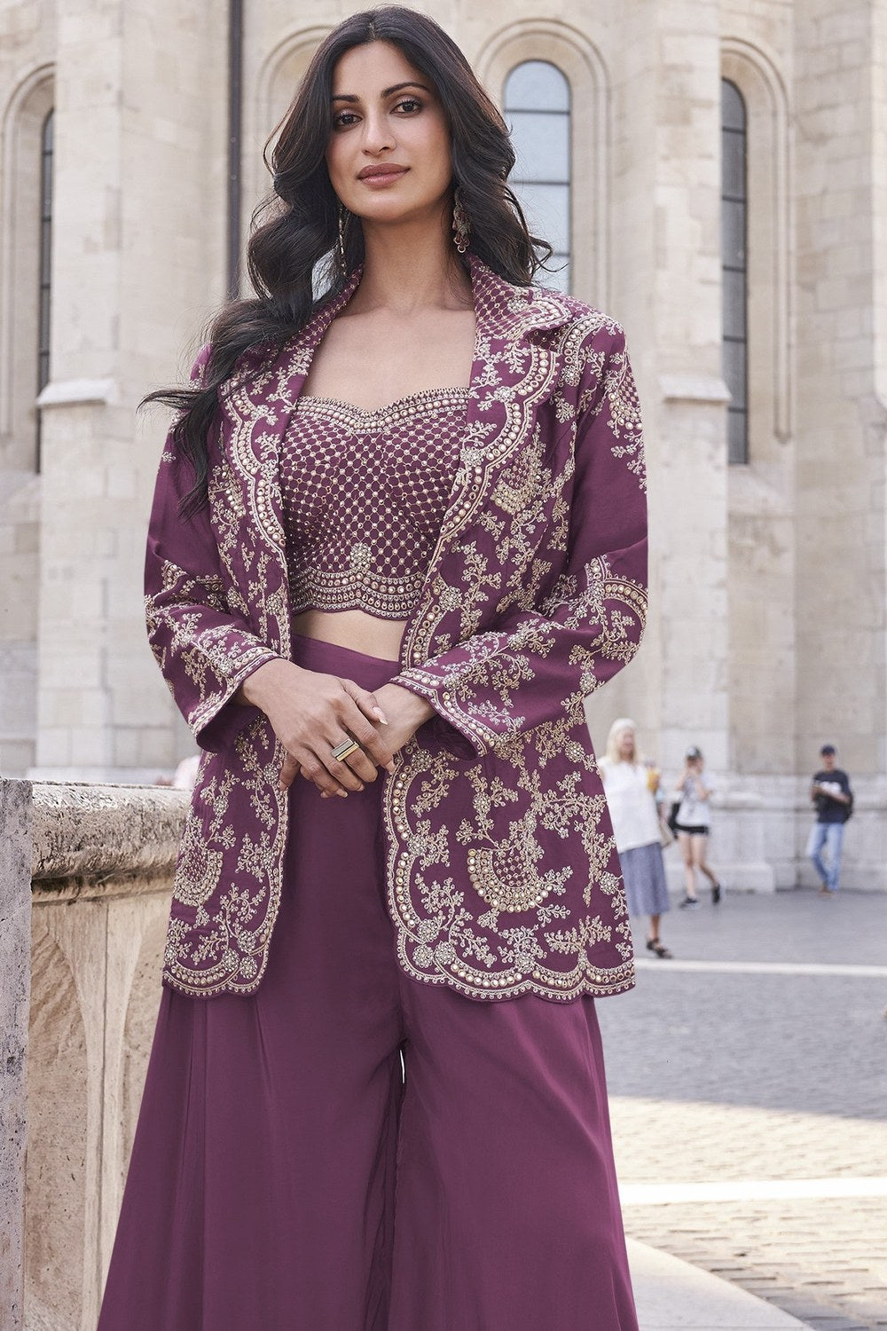 Light Maroon Chinon Silk Plazo Suit For Indian Weddings & Pakitani Festival - Embroidery Work - close-up view