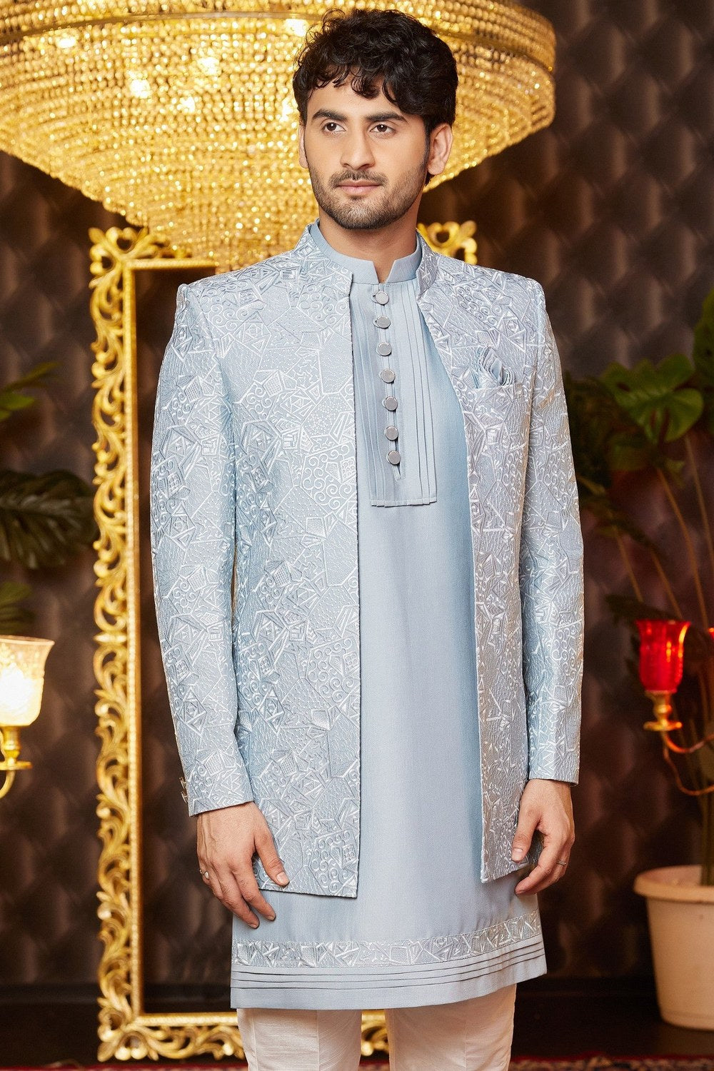 Bluish Gray Art Silk Traditional Indo Western Sherwani Long Kurta & Pant for Men for Wedding - Embroidery Work - close-up view