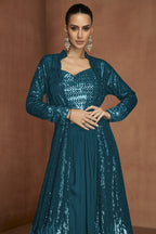 Teal Party Wear Dress: Georgette Choli with Palazzo & Jacket Suit in Sequin Work - close-up view