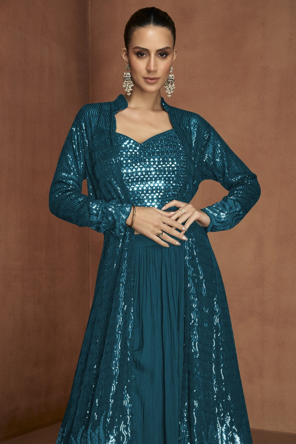 Teal Party Wear Dress: Georgette Choli with Palazzo & Jacket Suit in Sequin Work - close-up view