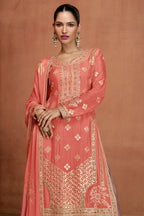 Coral Chinon Silk Plazo Suit For Indian & Pakistani Wedding Festival - Embroidery Work - close-up view