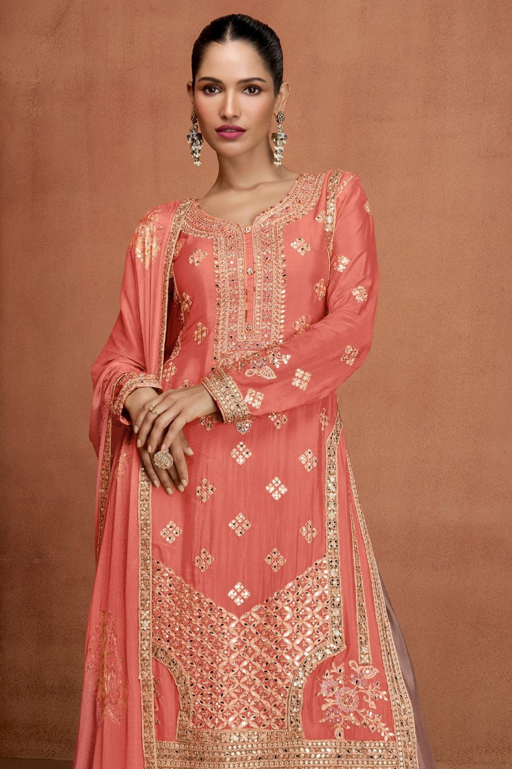 Coral Chinon Silk Plazo Suit For Indian & Pakistani Wedding Festival - Embroidery Work - close-up view