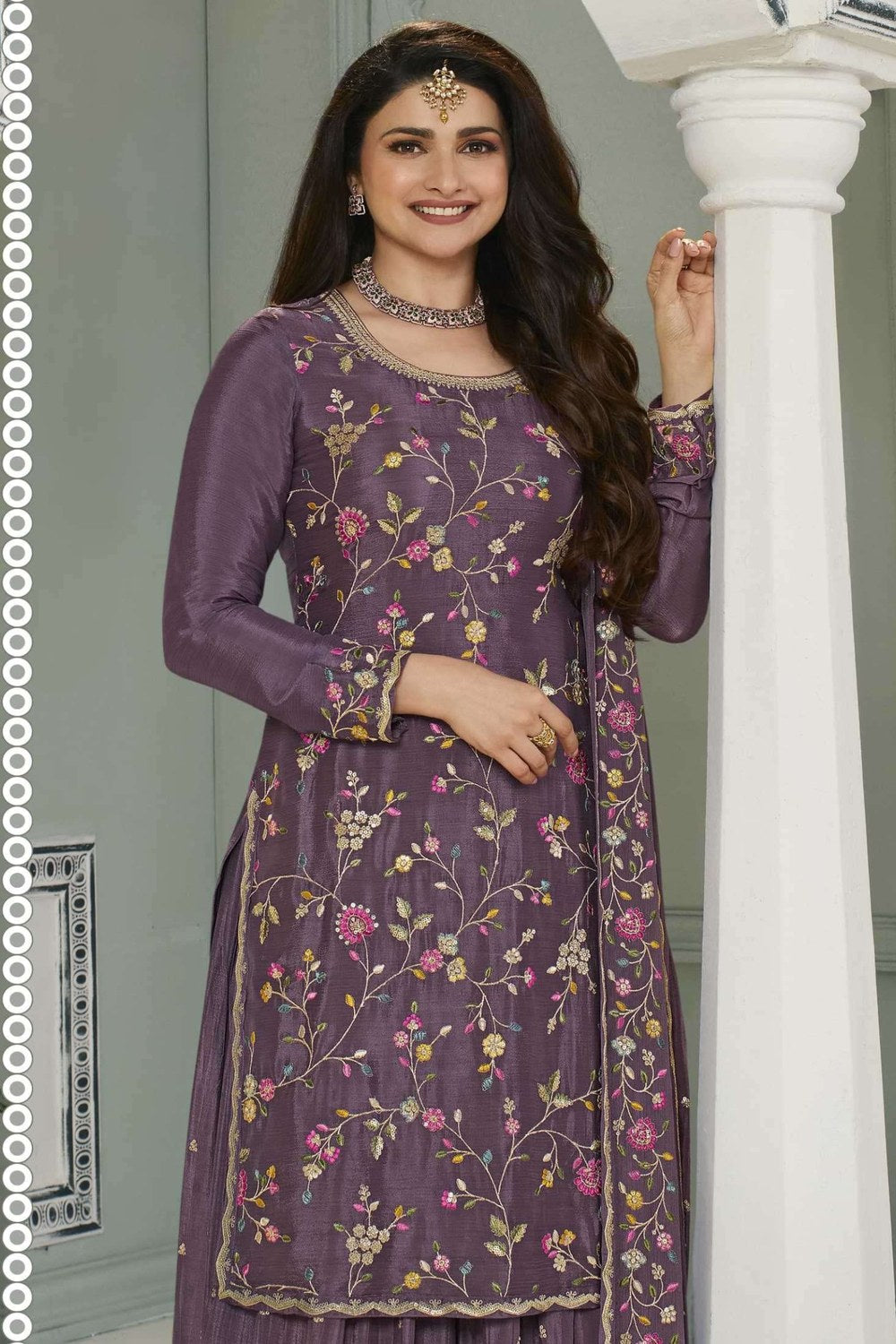 Wine Chinon Silk Floral Plazo Suit For Indian Festivals & Pakistani Weddings Dress - Embroidery Work - close-up view