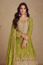 Green Chinon Silk Plazo Dress for Women with Embroidery - close-up view