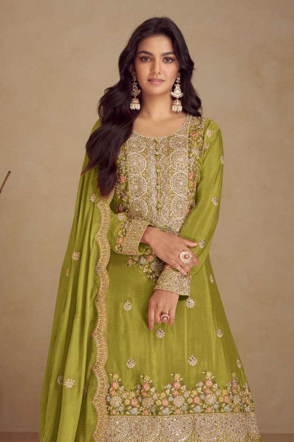 Green Chinon Silk Plazo Dress for Women with Embroidery - close-up view