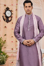 Purple Art Silk Plain Kurta Pajama with Stole Scarf for Men for Festivals & Wedding - close-up view