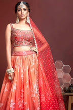 Orange Banglori Silk Party Wear Lehenga Choli For Indian & Pakistani Wedding Festival - Embroidery Work, Real Mirror Work, Print Work, Swarovski Work - close-up view