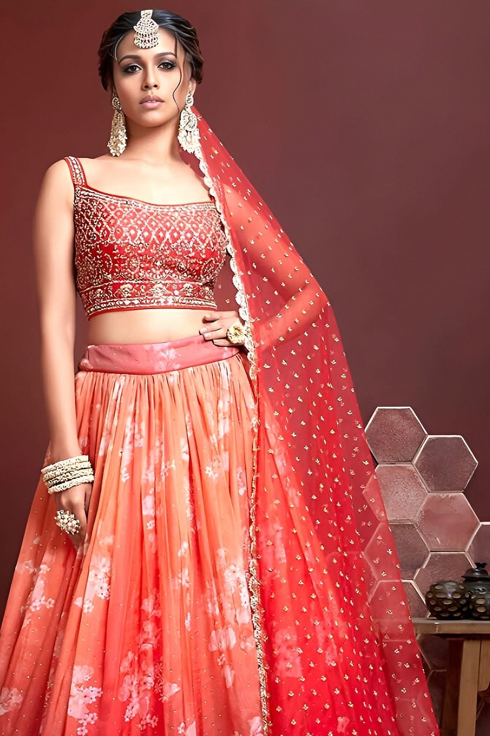 Orange Banglori Silk Party Wear Lehenga Choli For Indian & Pakistani Wedding Festival - Embroidery Work, Real Mirror Work, Print Work, Swarovski Work - close-up view