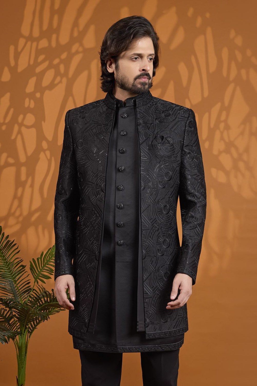 Black Jacket Pant Sherwani for Men Wedding - Thread Embroidery - close-up view