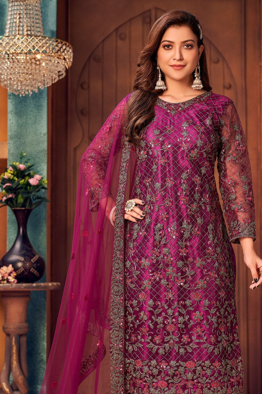 Dark Pink Net Kameez with Pant For Indian Suit Festivals & Pakistani Weddings - Embroidery Work - close-up view