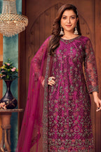 Dark Pink Net Kameez with Pant For Indian Suit Festivals & Pakistani Weddings - Embroidery Work - close-up view