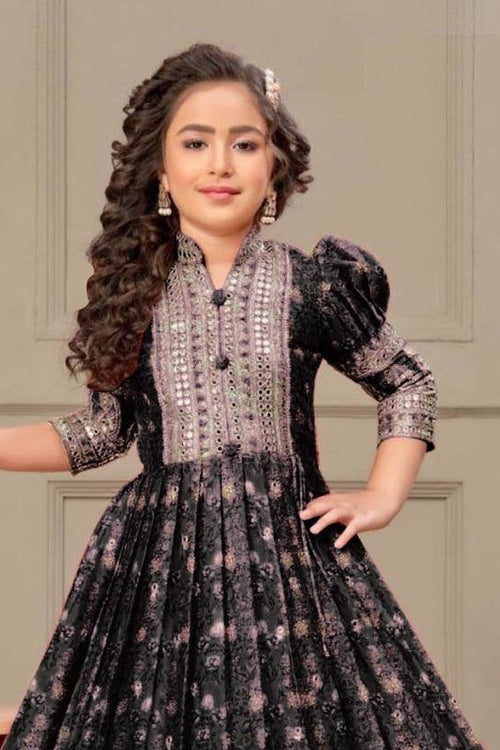 Black Chinon Silk Kids Wear Girls Flower Printed Gown with Dupatta Suit for Kids for Festivals & Wedding - Sequence Embroidery Work, Print Work - close-up view