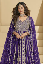 Purple Chinon Silk Front Slit Anarkali With Skirt Suit For Indian & Pakistani Wedding Festival - Sequins & Thread Embroidery Work, Dori Work - close-up view