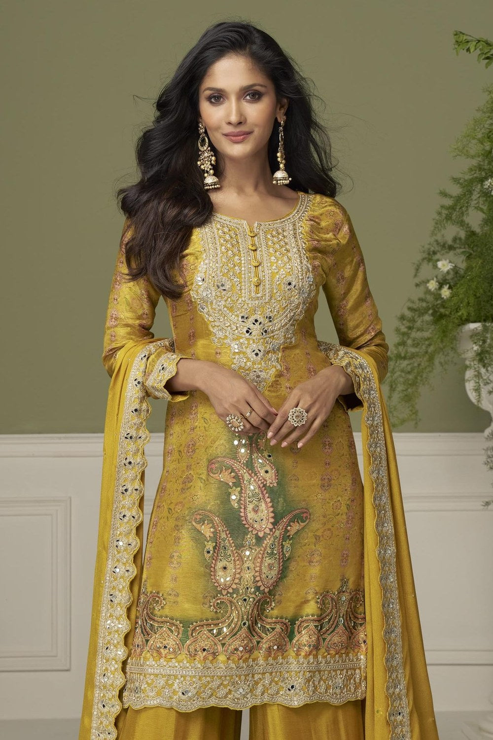 Mustard Yellow Palazo Suit for Haldi in Chinon Silk with Print & Thread Sequins Embroidery - close-up view
