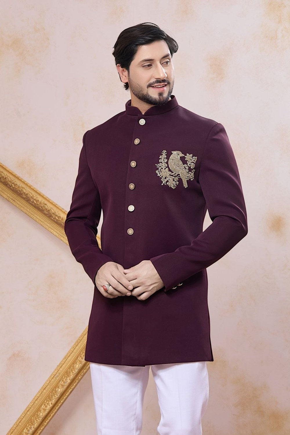 Purple Brown Men's Indo Western Clothing in Art Silk with Hand Work - close-up view