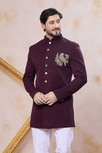 Purple Brown Men's Indo Western Clothing in Art Silk with Hand Work - close-up view