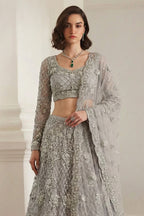 Grey Net Sangeet Lehenga Choli with Thread & Sequin Embroidery - close-up view