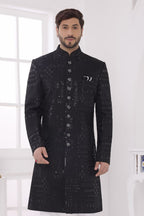 Black Long Mens Wear Kurta Pajama Sherwani - Thread Embroidery - close-up view