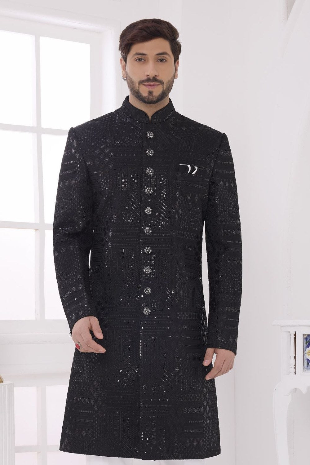 Black Long Mens Wear Kurta Pajama Sherwani - Thread Embroidery - close-up view