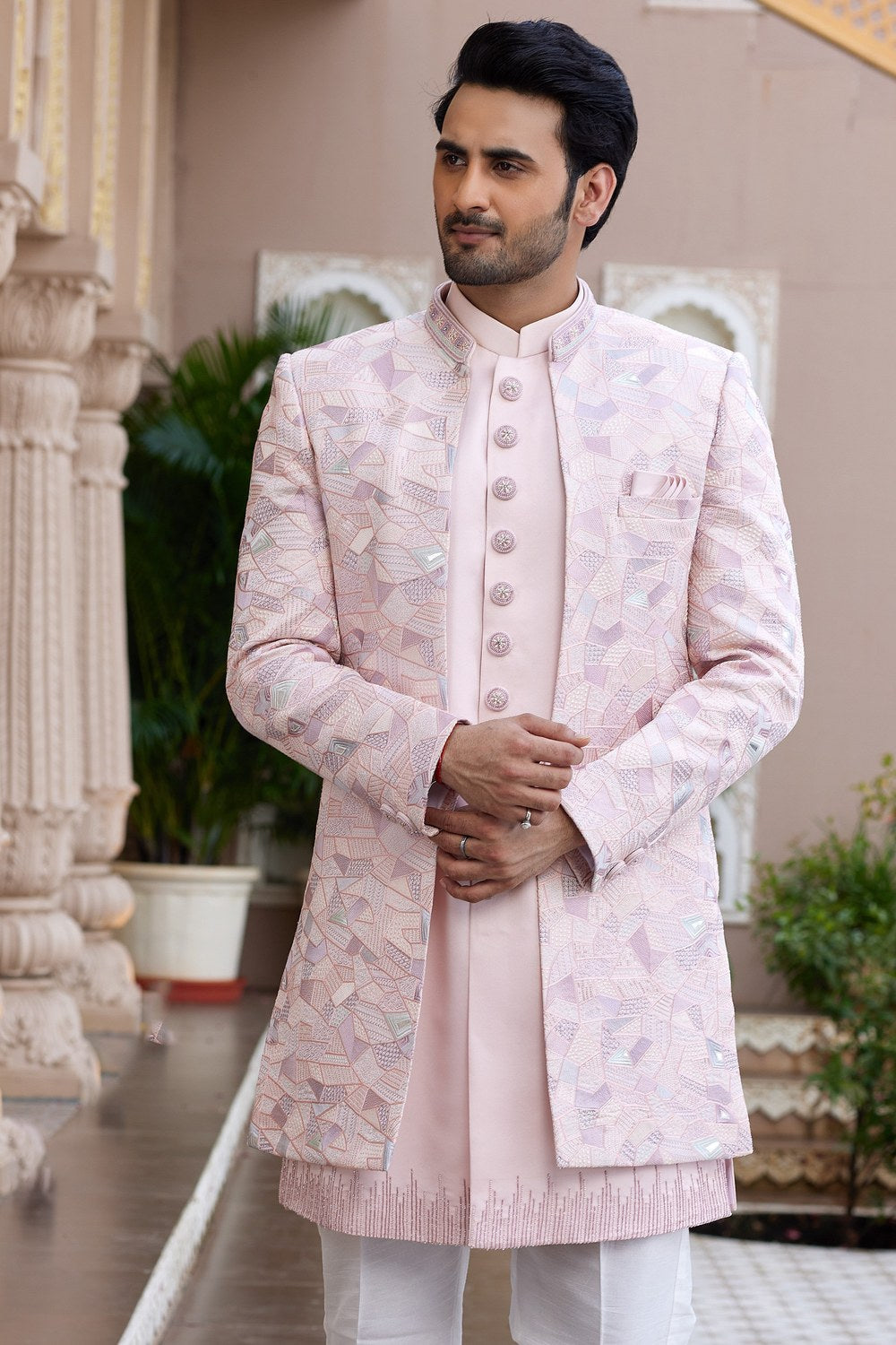 Pink Art Silk Indo Western Suit Long Kurta with Jacket, Pant & Dupatta for Men for Wedding - Thread Embroidery Work - close-up view