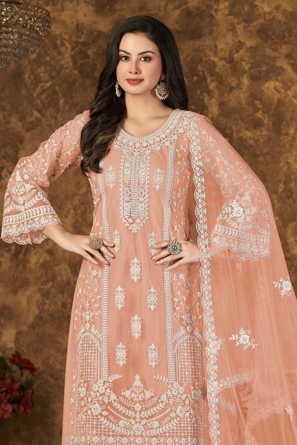 Orange Net Plazo With Thread Work Pakistani Style Wedding Dresses - close-up view