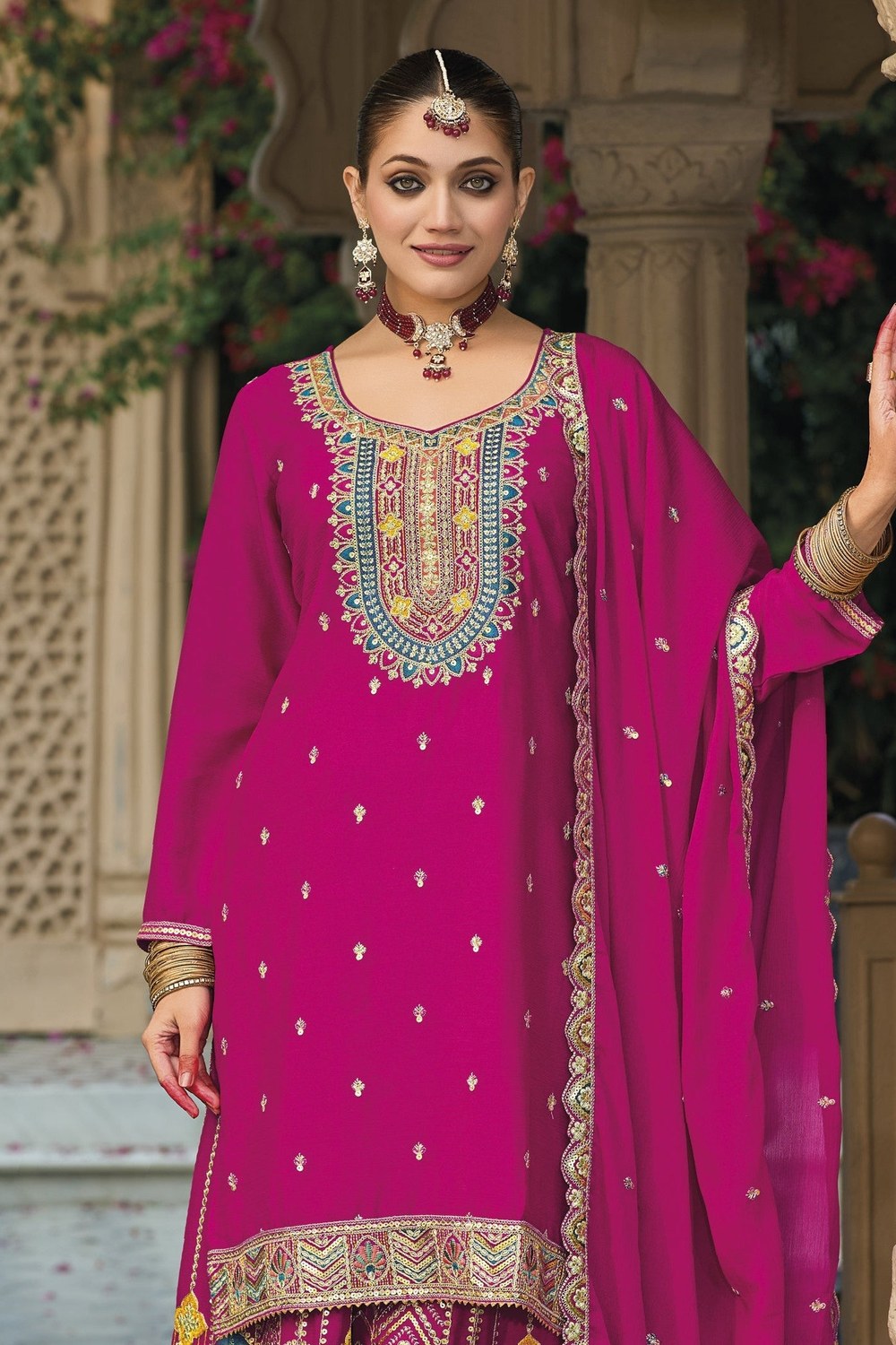 Pink Chinon Silk Plazo Suit For Indian & Pakistani Wedding Festival - Embroidery Work - close-up view