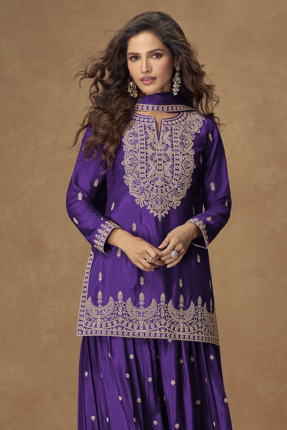 Purple Chinon Silk Palazo Pakistani Suits with Embroidery Work - close-up view