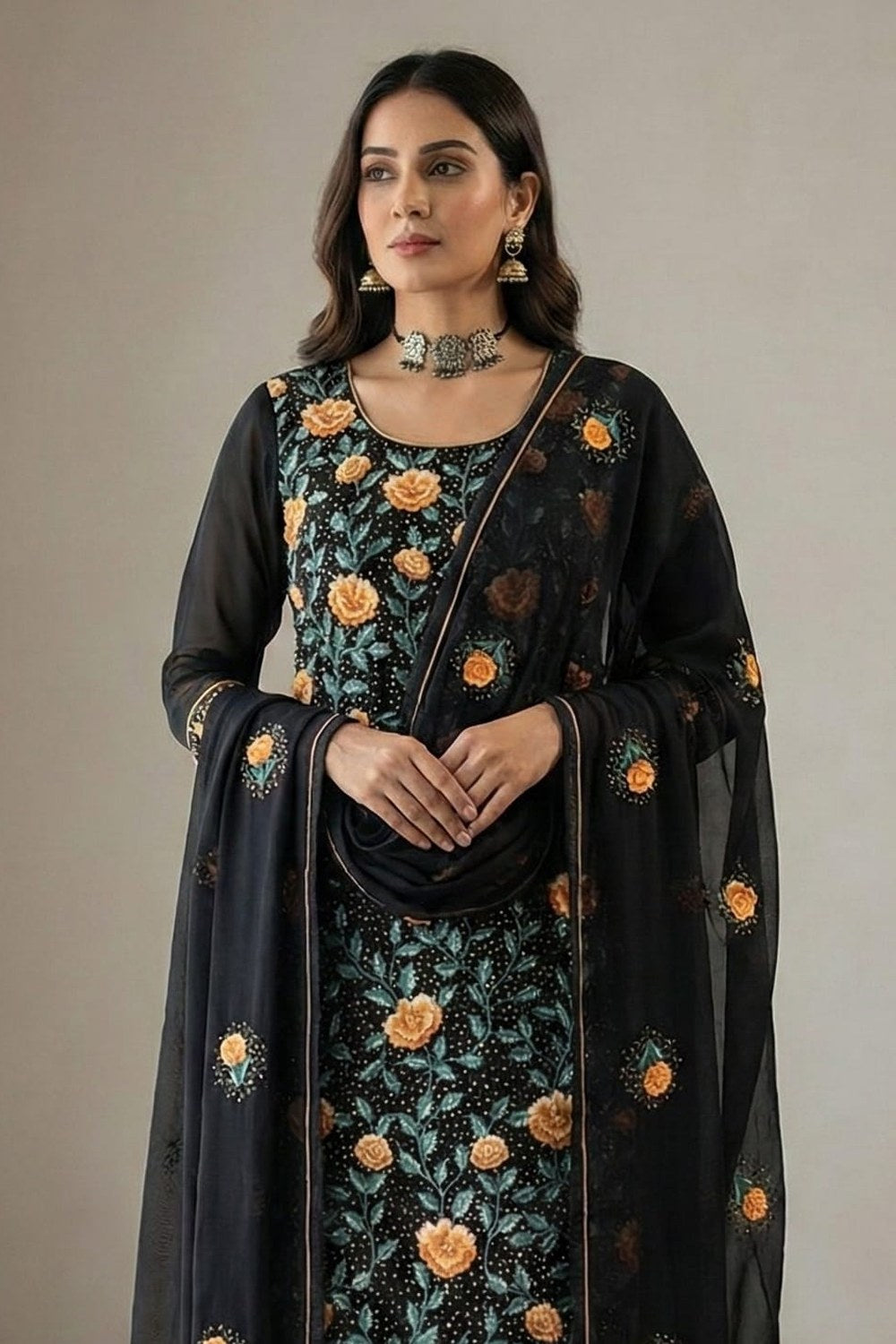 Black Georgette Kameez With Pant For Indian & Pakistani Wedding Festival - Thread & Sequins Embroidery Work - close-up view