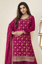 Magenta Jacquard Silk Palazzo Suit For Indian Festivals & Pakistani Plazo Weddings Dress - Embroidery Work - close-up view