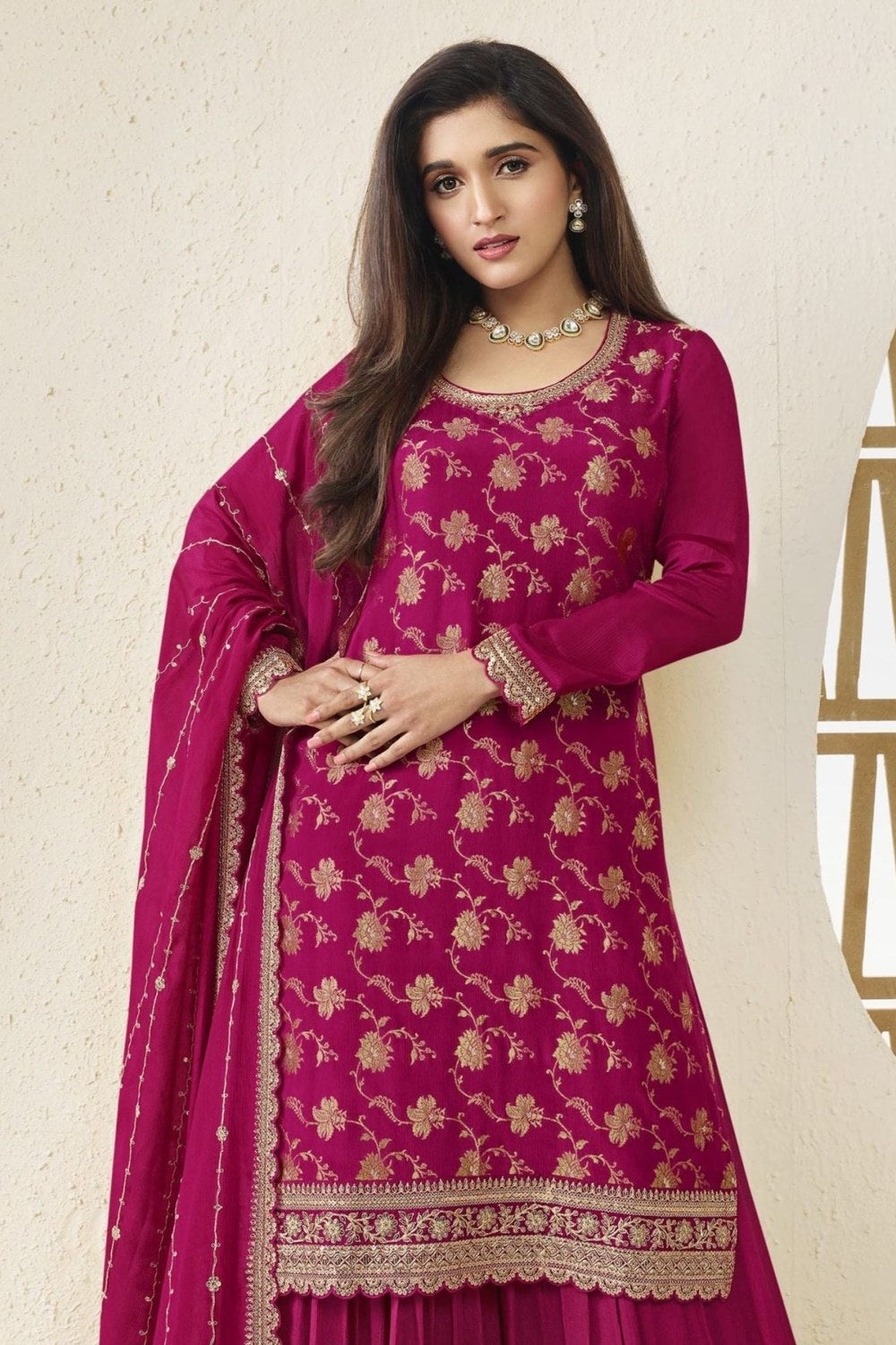 Magenta Jacquard Silk Palazzo Suit For Indian Festivals & Pakistani Plazo Weddings Dress - Embroidery Work - close-up view