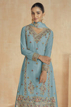 Ocean Blue Chinon Silk Traditional Hindu Wedding Dresses Kameez with Plazo - Embroidery Work - close-up view