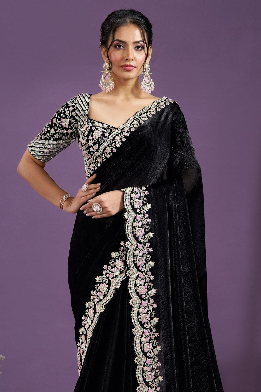Black Double Tone Satin Silk Saree With Stitched Blouse For Indian & Pakistani Wedding Festival - Sequence Embroidery Work, Hand Work - close-up view