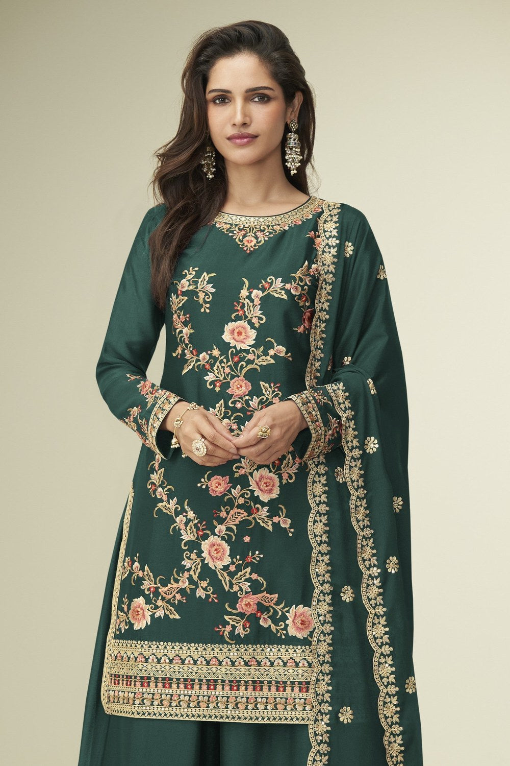 Green Chinon Silk Palazzo Suit For Indian & Pakistani Wedding Festival - Thread Embroidery Work - close-up view